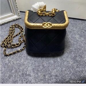 Black Quilted Crossbody with Gold Frame and Chain